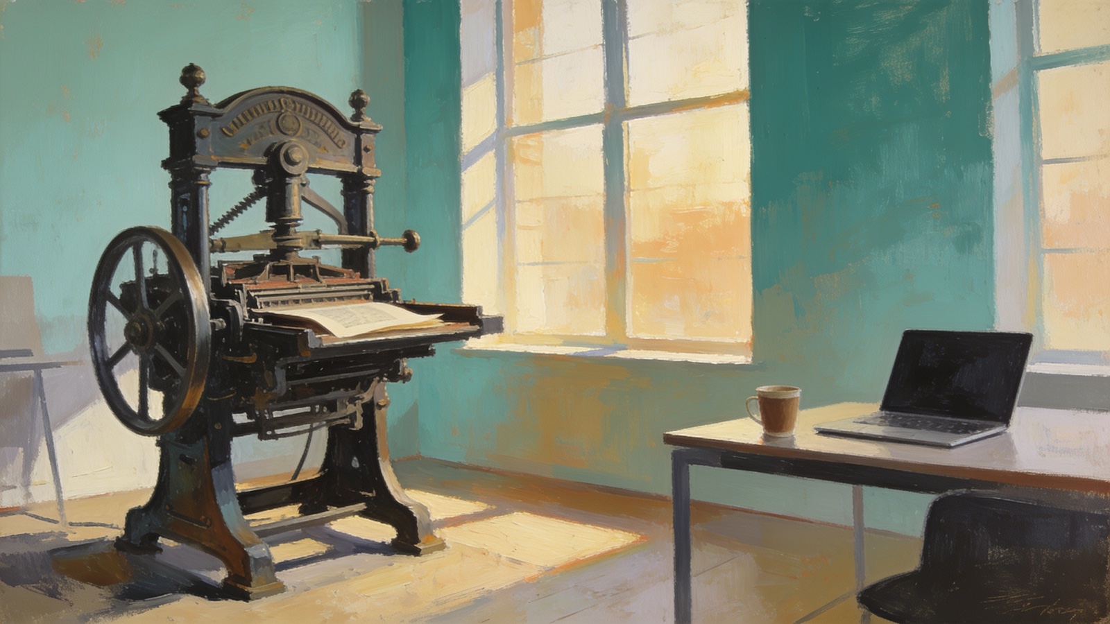 Gutenberg printing press, AI-generated illustration